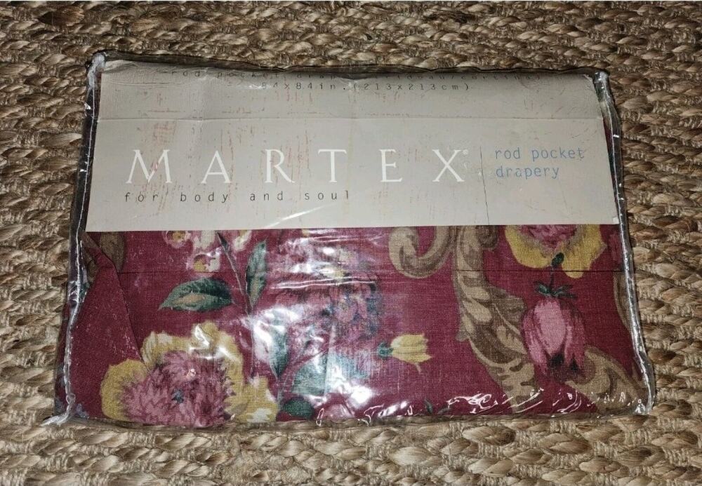VTG New MARTEX Rod Pocket Lined Drapes Secret Garden Red Floral 84x84"